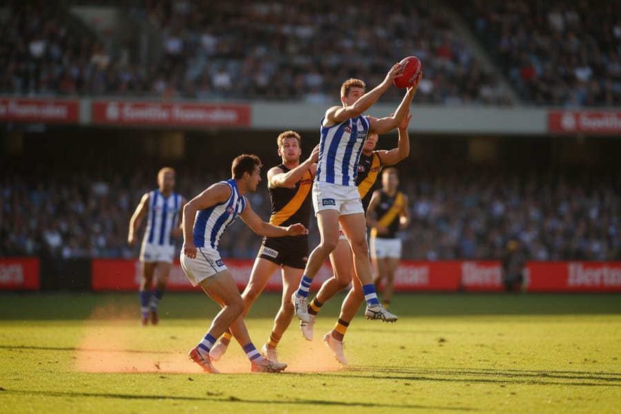 An Australian rules football match in front of a full stand