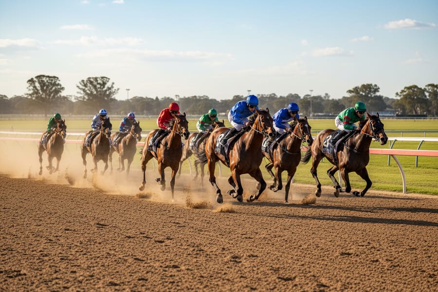Thoroughbreds and jockeys down the straight at an Australian race meeting