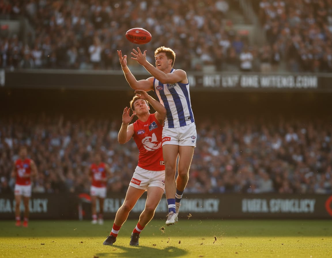 Two Australian rules footballers contesting a mark above a packed stadium