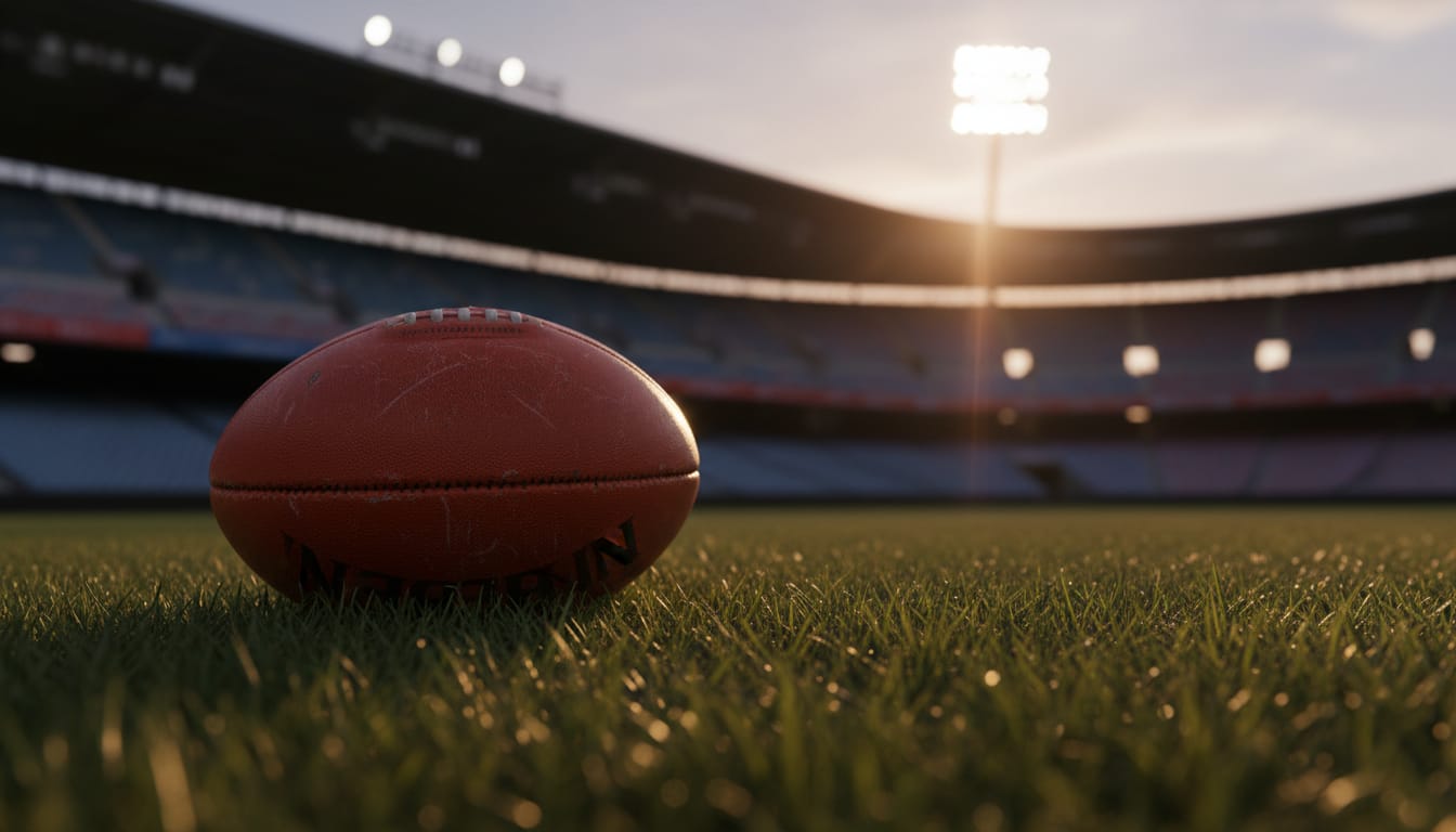 An Australian rules football on the grass under stadium floodlights