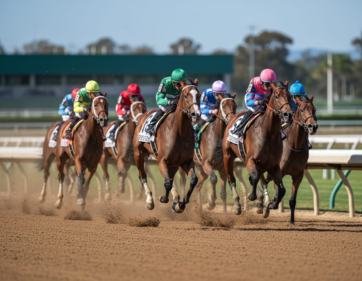 Thoroughbreds and jockeys straining down the home straight at an Australian racecourse