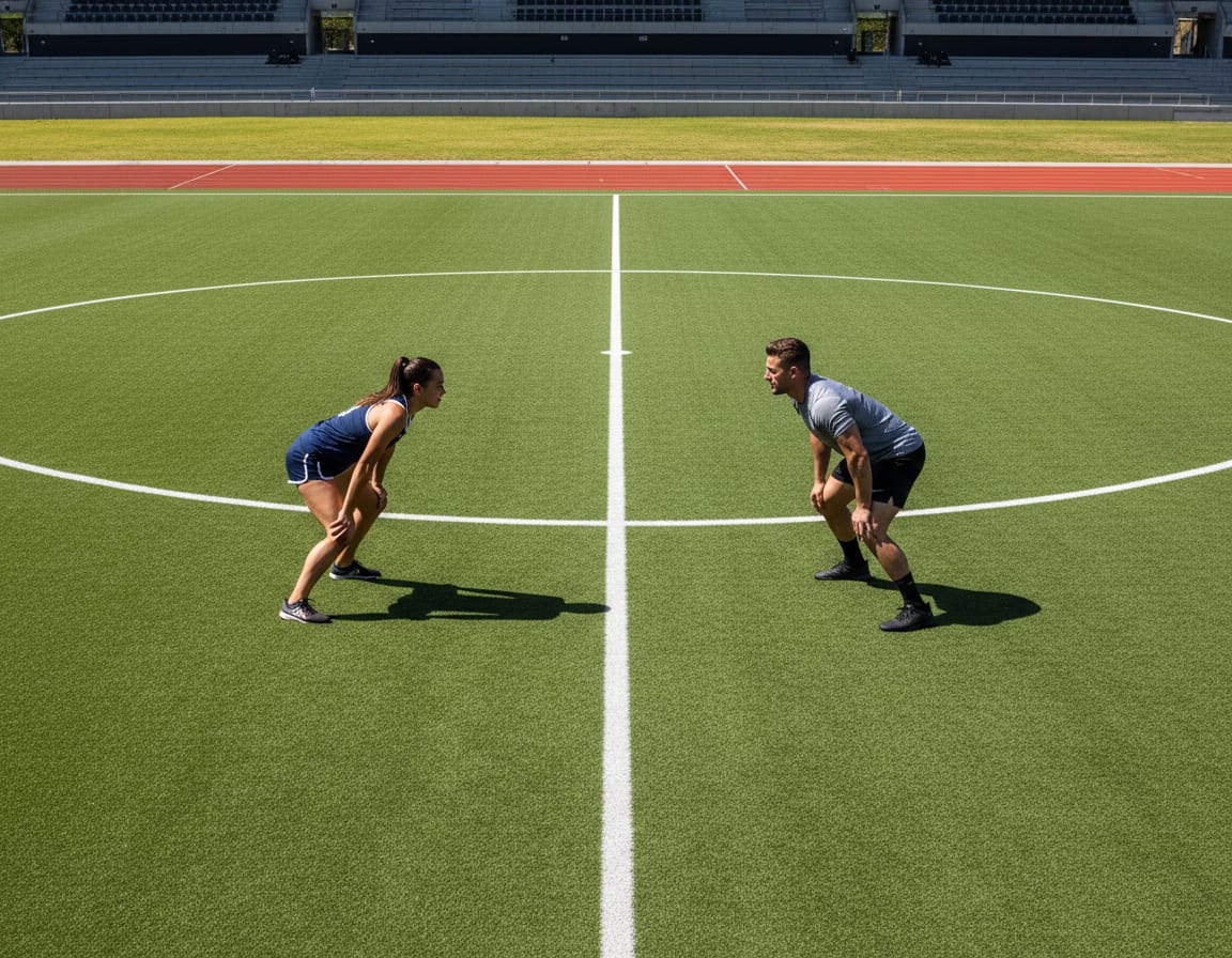 An Australian sports field divided by a centre line with an athlete on each side